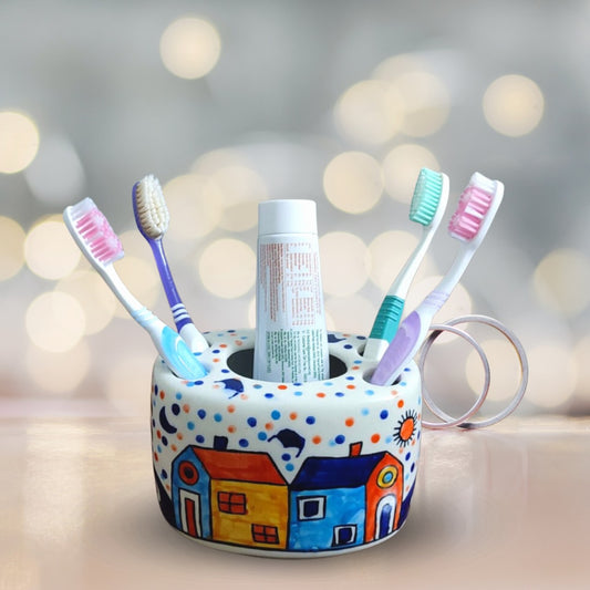 Ceramic Multi Colour Toothbrush Holder (Hut Painting), Toothpaste Holder for Bathroom Sink