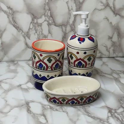 Elegant Arch Blossom – Red Hand-Painted Ceramic Bath Set of 3 with Liquid Soap Dispenser, Toothbrush Holder & Soap Dish Best Gifting Options
