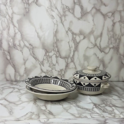 Monochrome Mosaic Handcrafted Ceramic Deep Plate & Casserole Combo ( 2 Deep Plates + 1 Casserole ) Premium Dining & Gifting