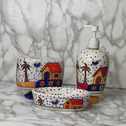 Multicolour Hut Painting Ceramic Bathroom Accessories Set of 3 with Liquid Soap Dispenser, Toothbrush Holder & Soap Dish