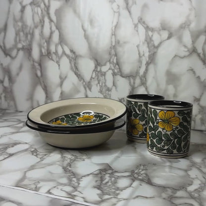 Yellow Blossom Handcrafted Ceramic Plate & Glass Set ( 2 Deep Plates + 2 Tumbler ) Premium Dining & Gifting