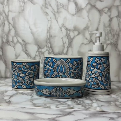 Turquoise Blue Blossom Ceramic Bathroom Accessories Set of 4 with Liquid Soap Dispenser, Toothbrush Holder, Soap Dish & Tumbler