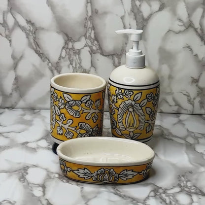Golden Blossom Hand-Painted Ceramic Bath Set of 3 with Liquid Soap Dispenser, Toothbrush Holder & Soap Dish Best Gifting Options