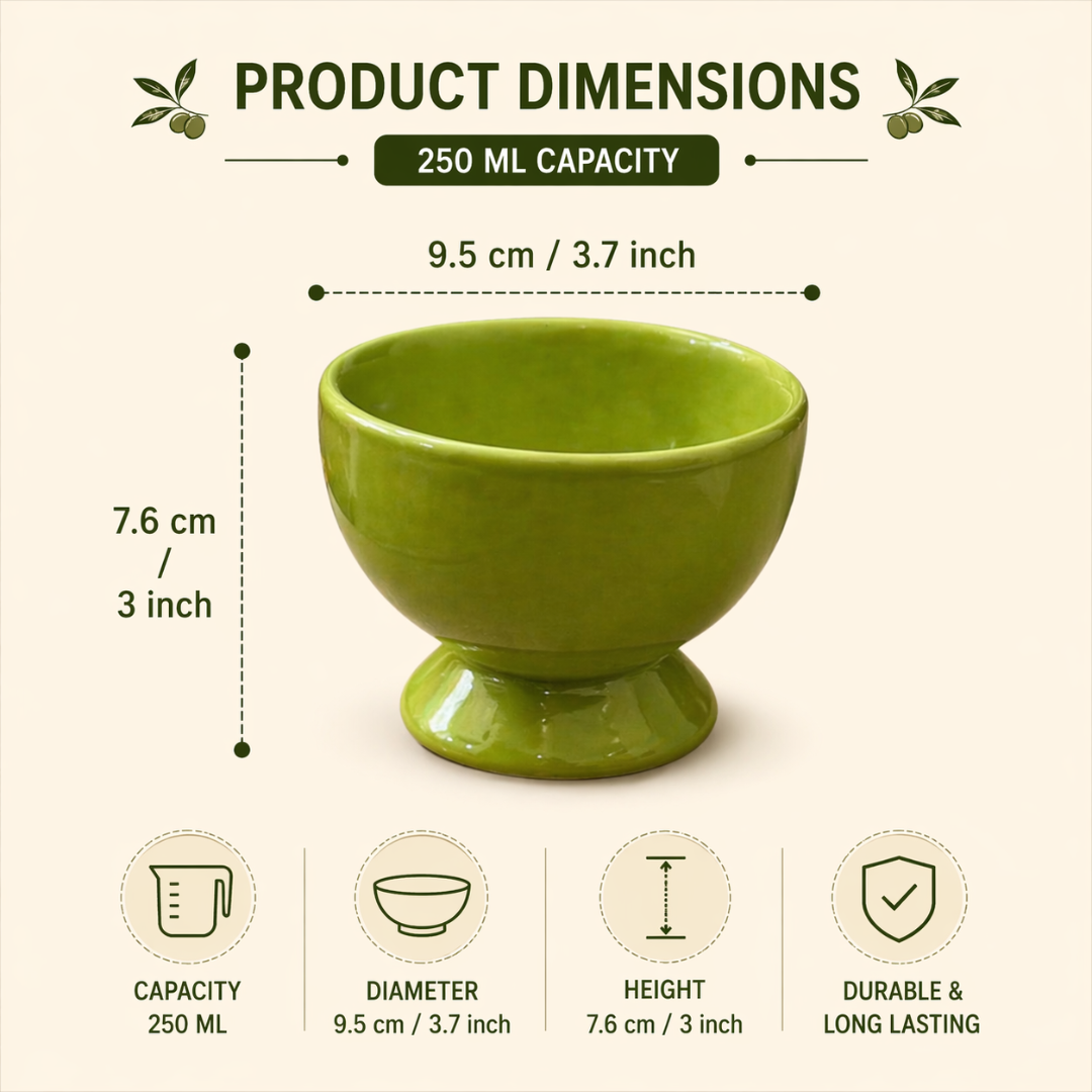 Olive Charm Ceramic Dessert Cups Set of 6 | Premium Gloss Finish Ice Cream Bowls | Ideal for Ice Cream, Pudding, Kheer & Desserts