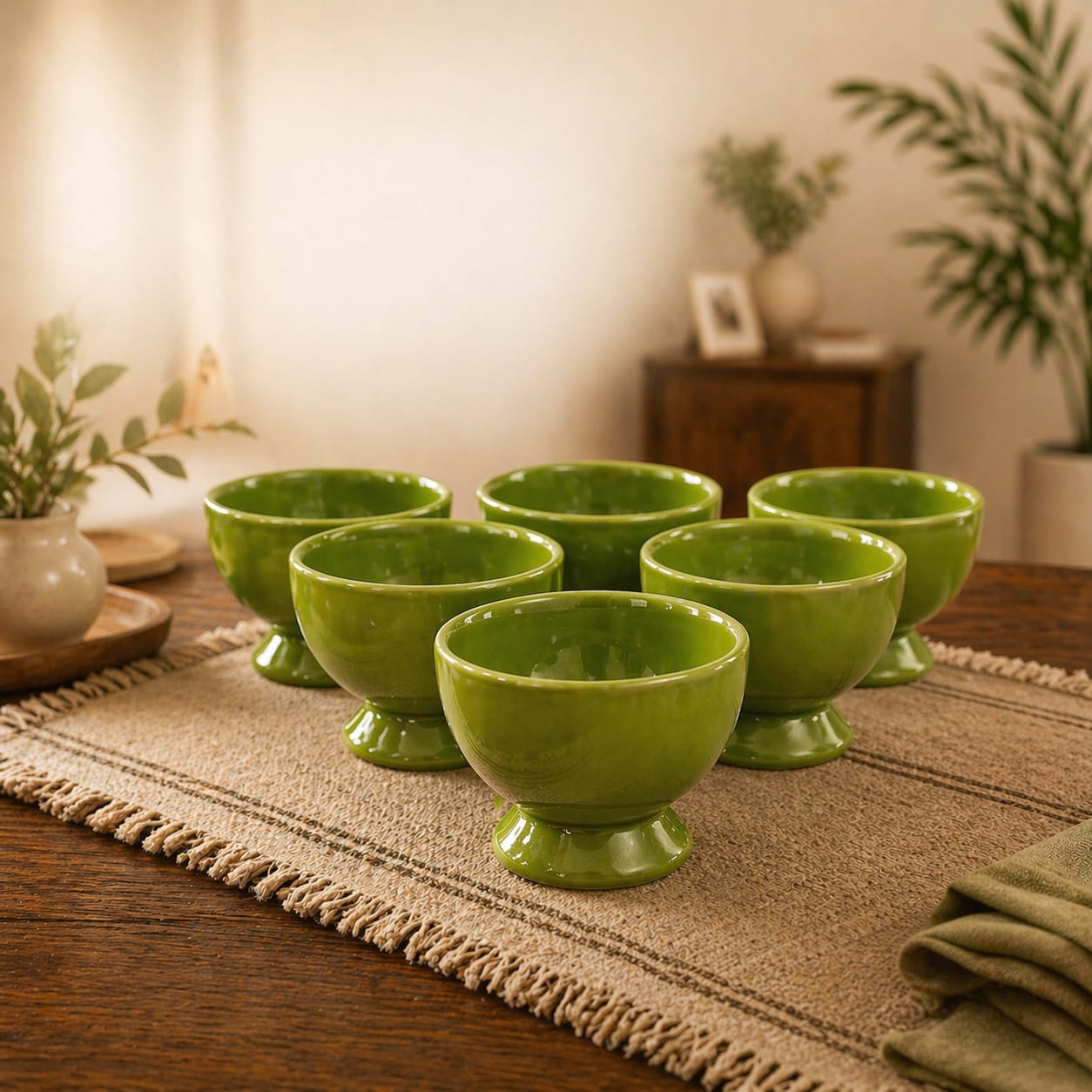 Olive Charm Ceramic Dessert Cups Set of 6 | Premium Gloss Finish Ice Cream Bowls | Ideal for Ice Cream, Pudding, Kheer & Desserts